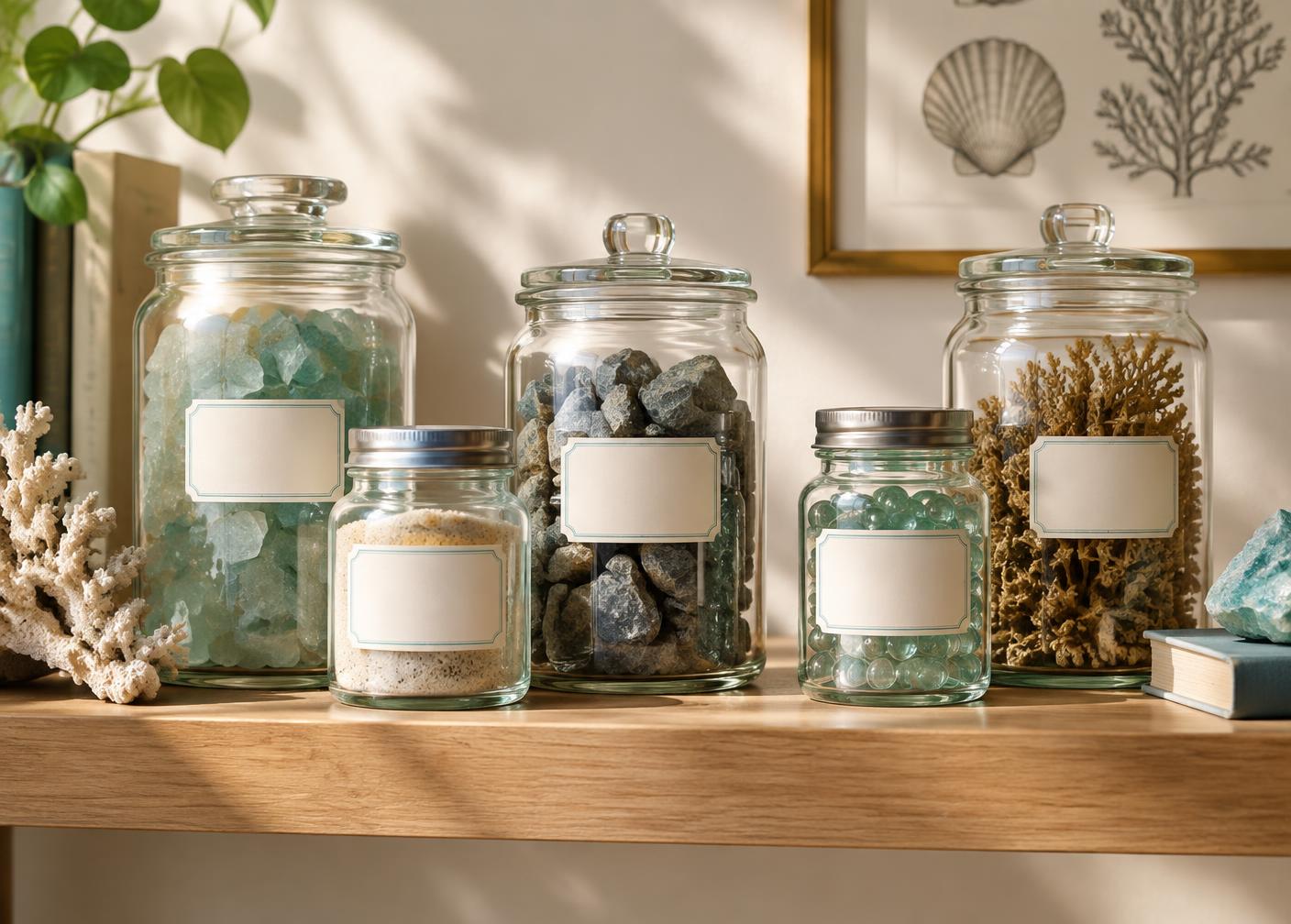 Sunlit archival glass jars with blank reference labels