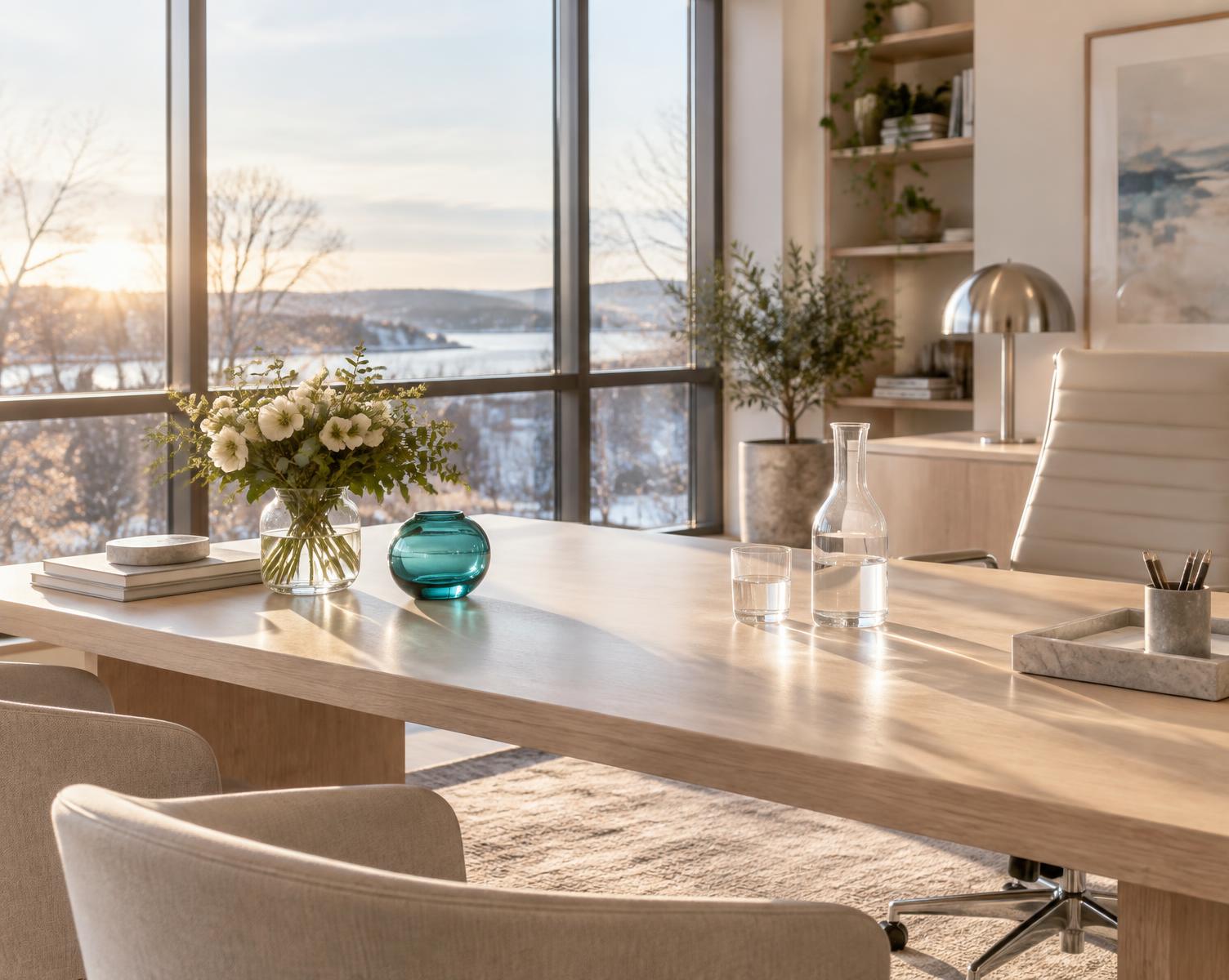 A bright sunlit customer care workspace