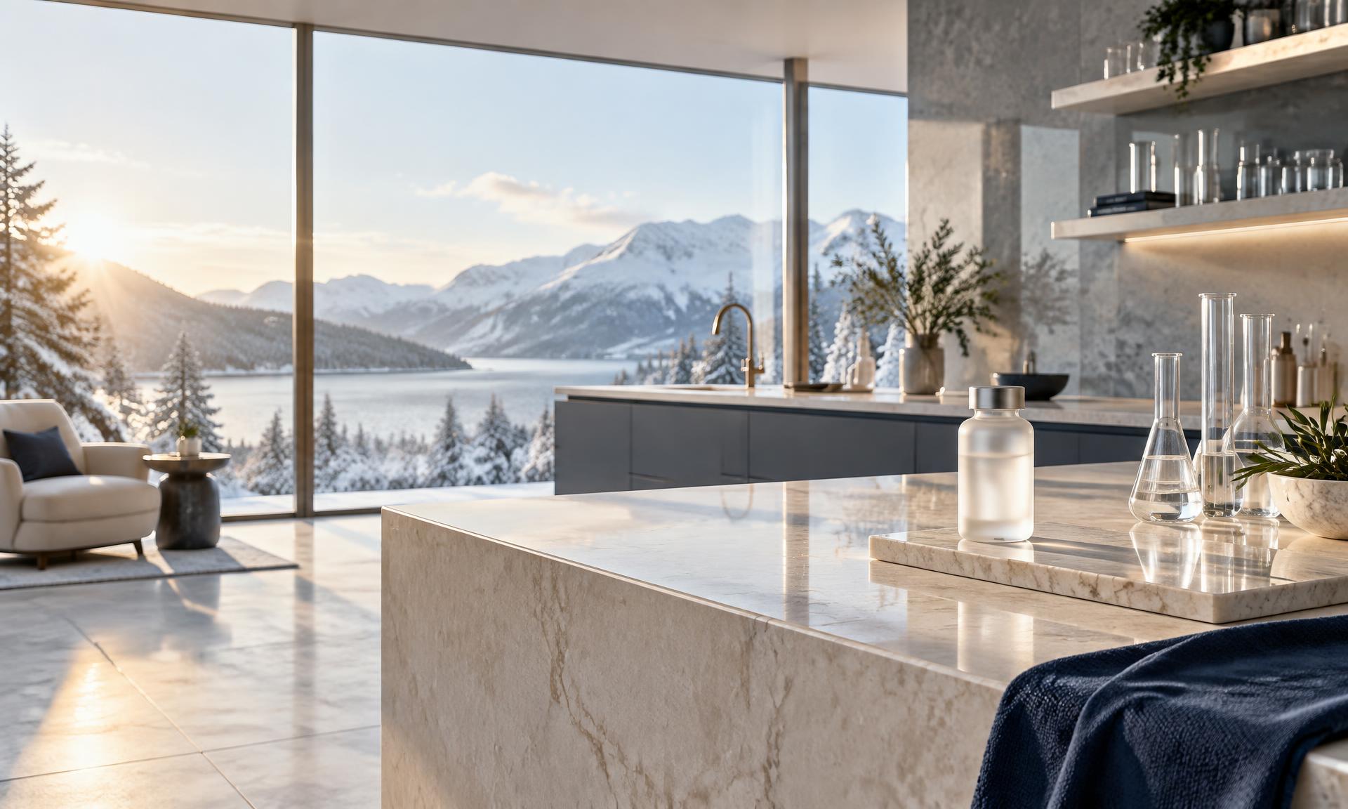 A contemporary sunlit home laboratory overlooking a winter landscape