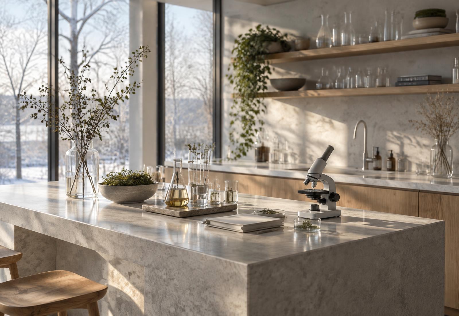 Bright contemporary kitchen laboratory with scientific glassware