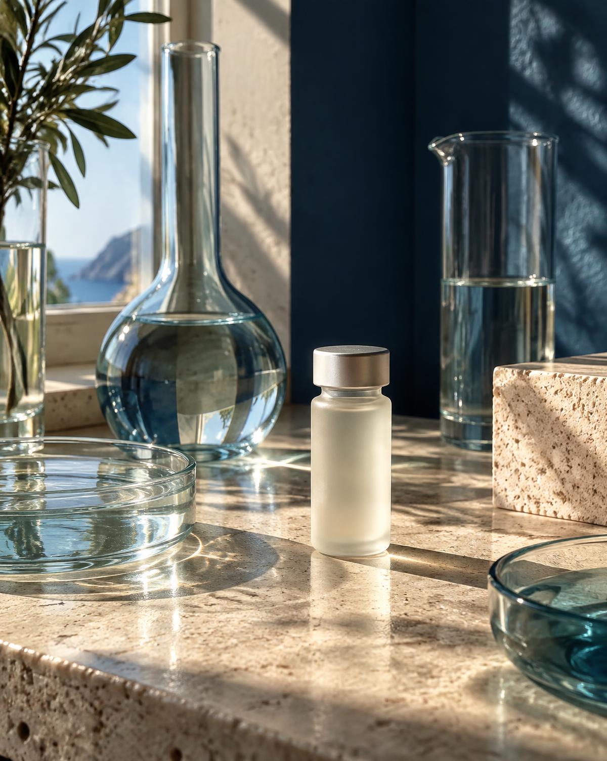 A frosted vial among glassware in warm window light