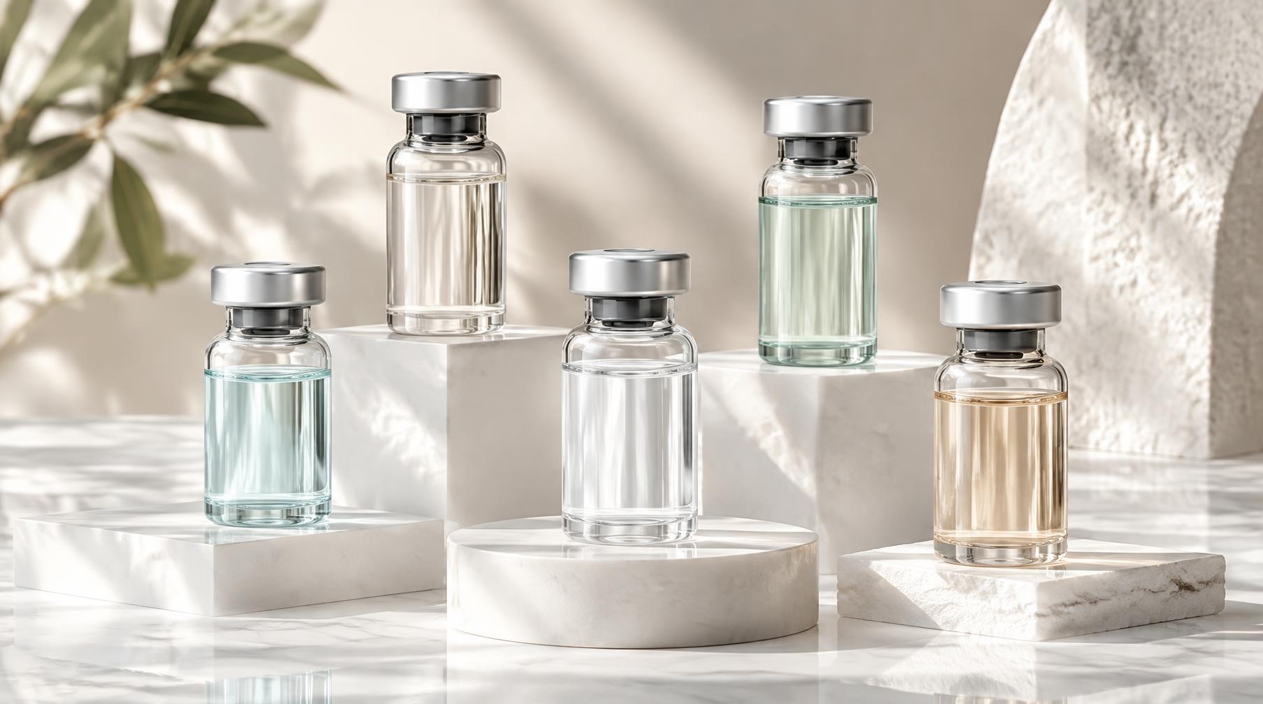 A bright studio arrangement of unbranded peptide vials